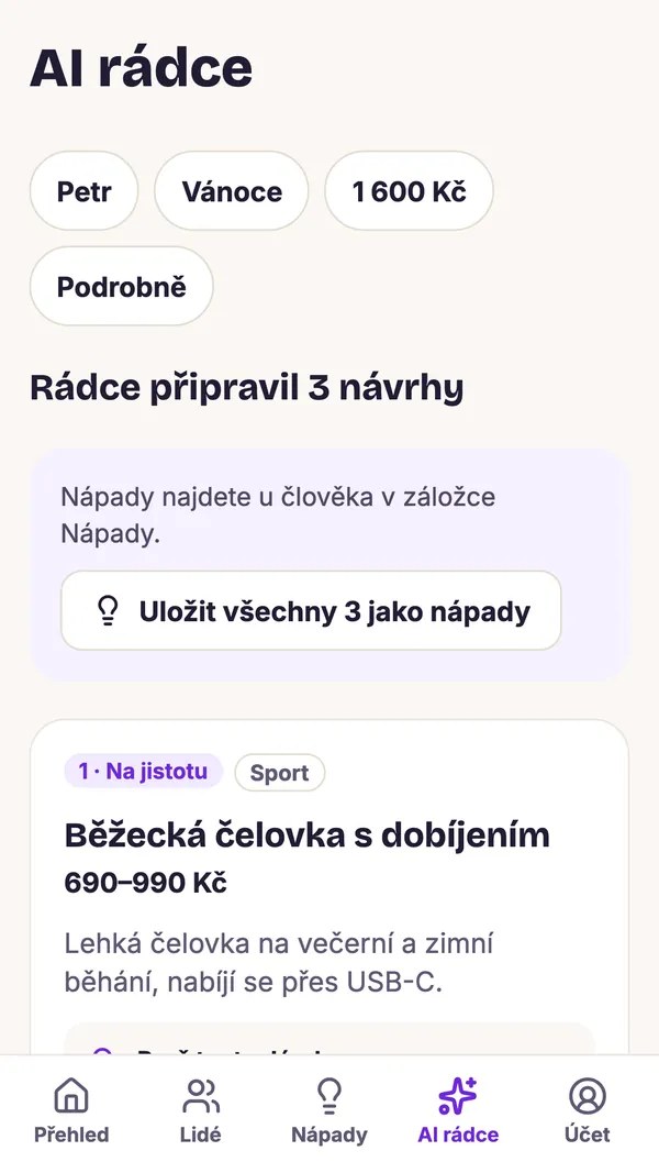 Snímek obrazovky aplikace GiftWeGo: AI rádce navrhne dárky