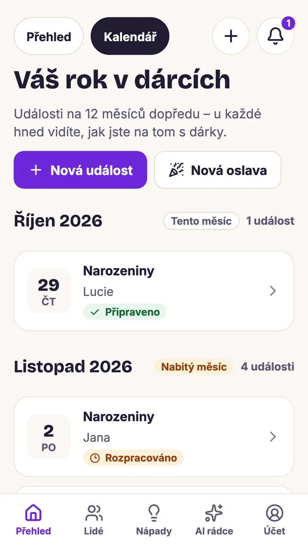Snímek obrazovky aplikace GiftWeGo: Celý rok dárků v kalendáři