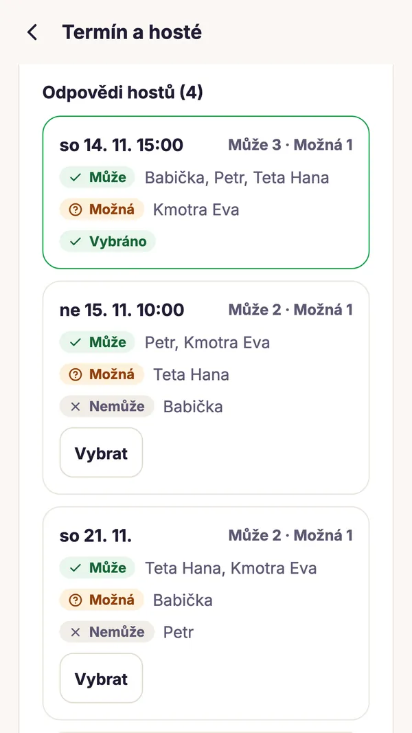 Snímek obrazovky aplikace GiftWeGo: Oslava s termínem podle hostů