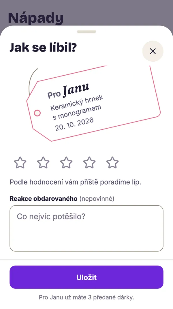 Snímek obrazovky aplikace GiftWeGo: Předané dárky zůstanou v historii
