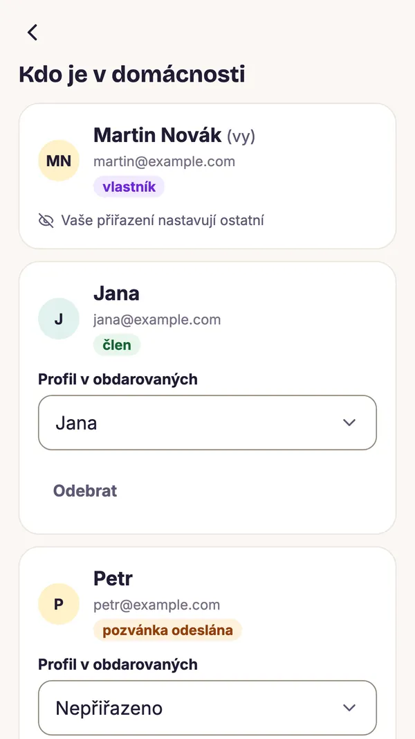 Snímek obrazovky aplikace GiftWeGo: Domácnost a ochrana překvapení
