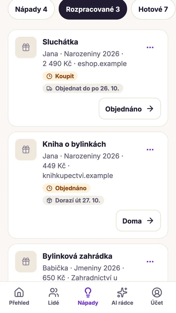 Snímek obrazovky aplikace GiftWeGo: Nápady i termíny doručení