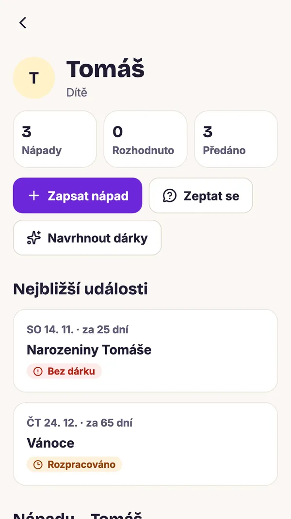 Snímek obrazovky aplikace GiftWeGo: Každý člověk s nápady a událostmi