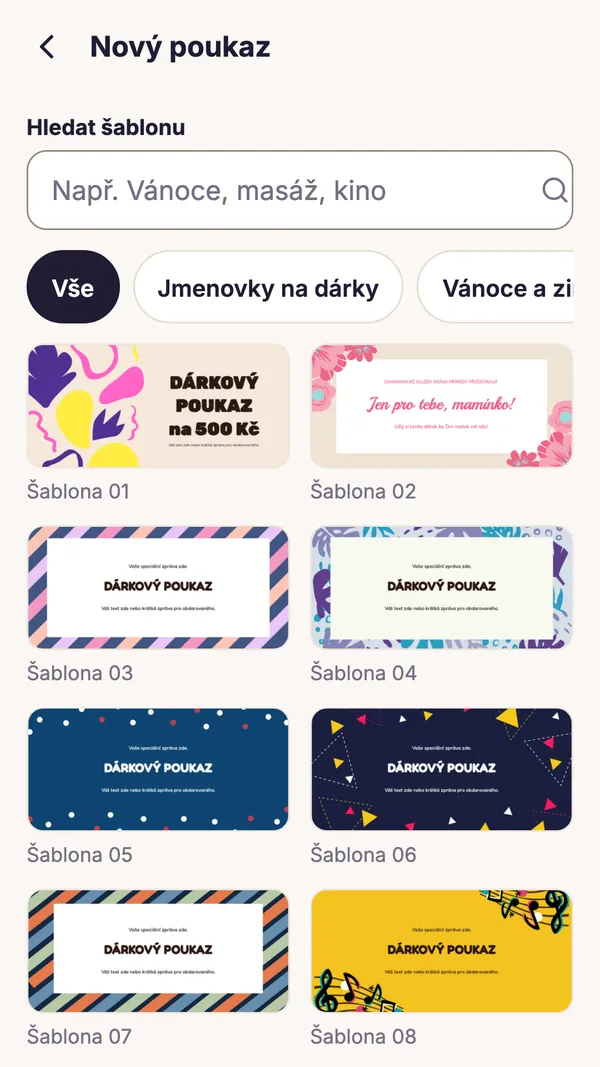 Snímek obrazovky aplikace GiftWeGo: Více než 100 šablon poukazů