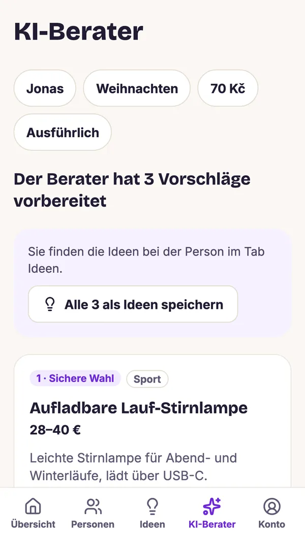 Screenshot der GiftWeGo-App: Der KI-Berater schlägt Geschenke vor