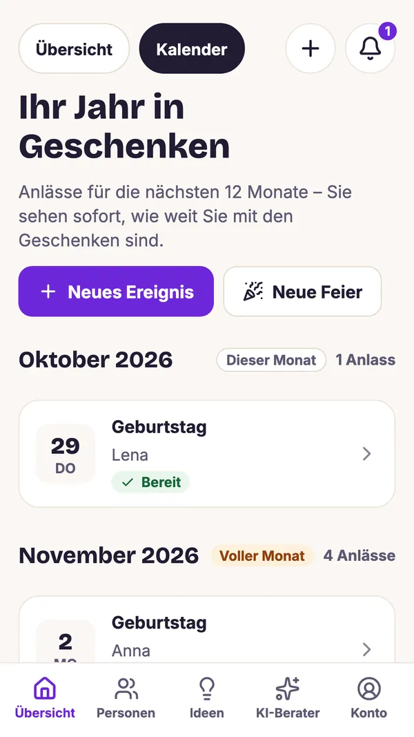 Screenshot der GiftWeGo-App: Ein ganzes Geschenkjahr im Kalender