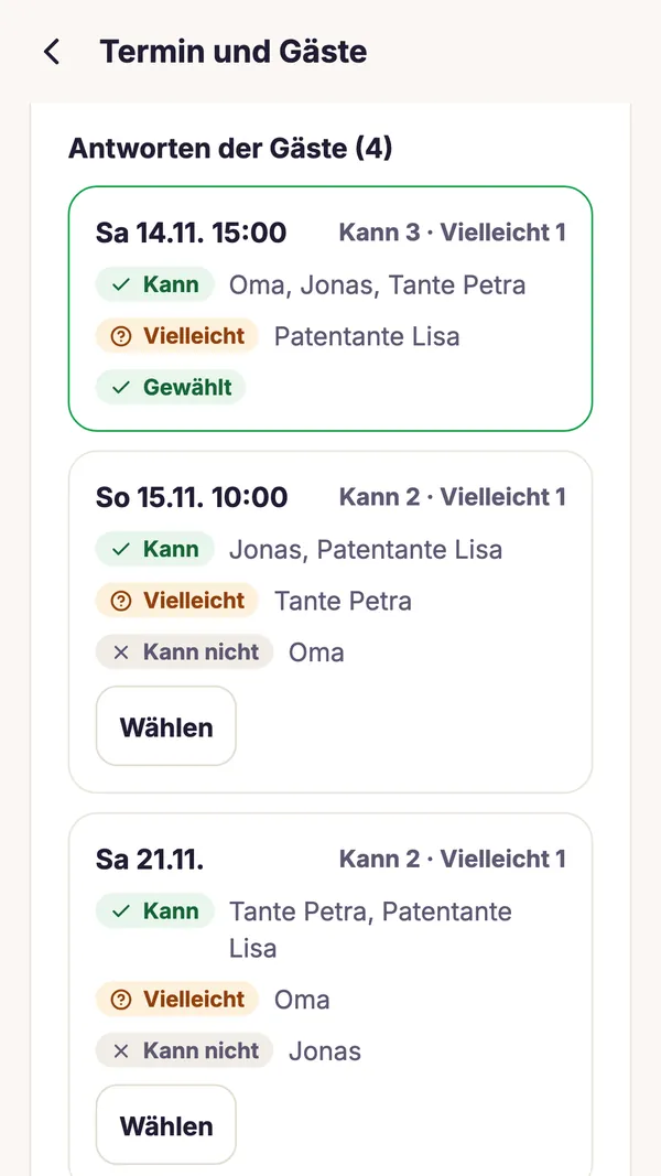 Screenshot der GiftWeGo-App: Feier mit Termin nach Wunsch der Gäste