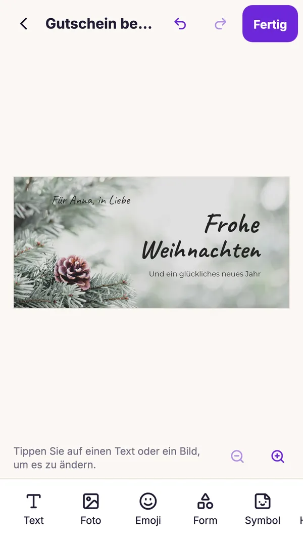 Screenshot der GiftWeGo-App: Gutscheine mit den Fingern bearbeiten