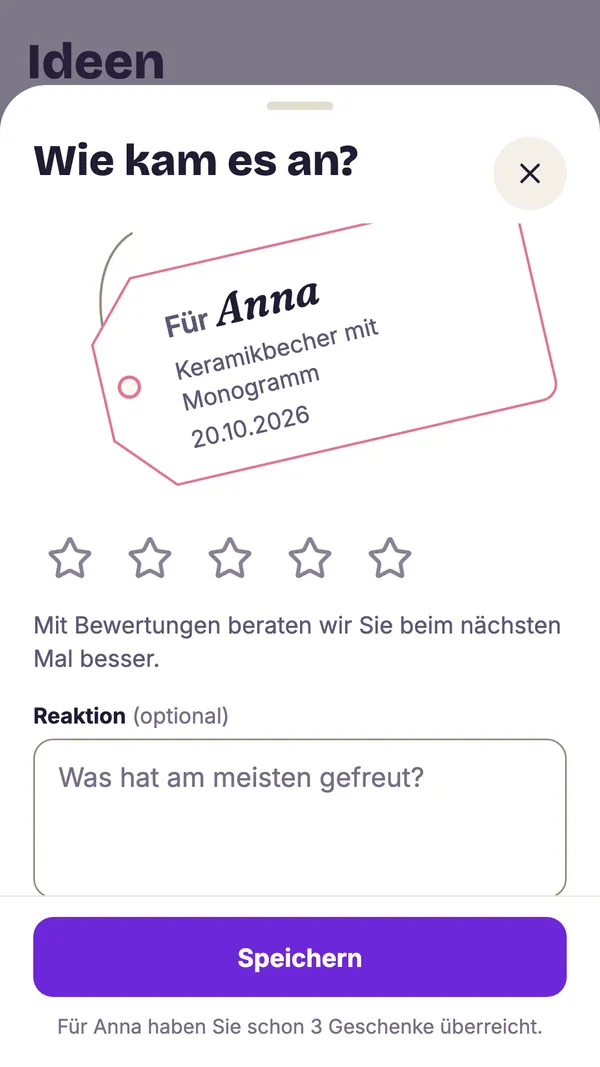 Screenshot der GiftWeGo-App: Verschenktes bleibt im Verlauf