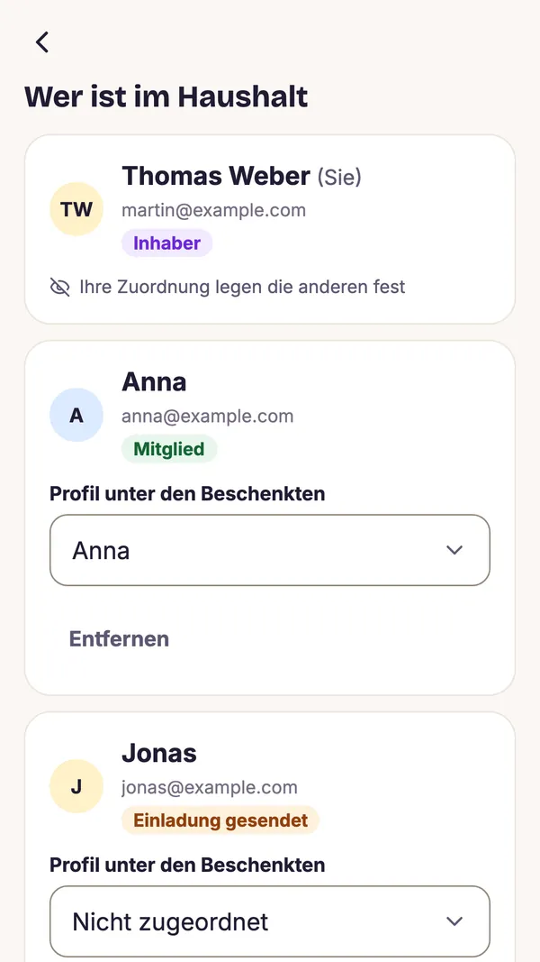 Screenshot der GiftWeGo-App: Haushalt und Überraschungsschutz