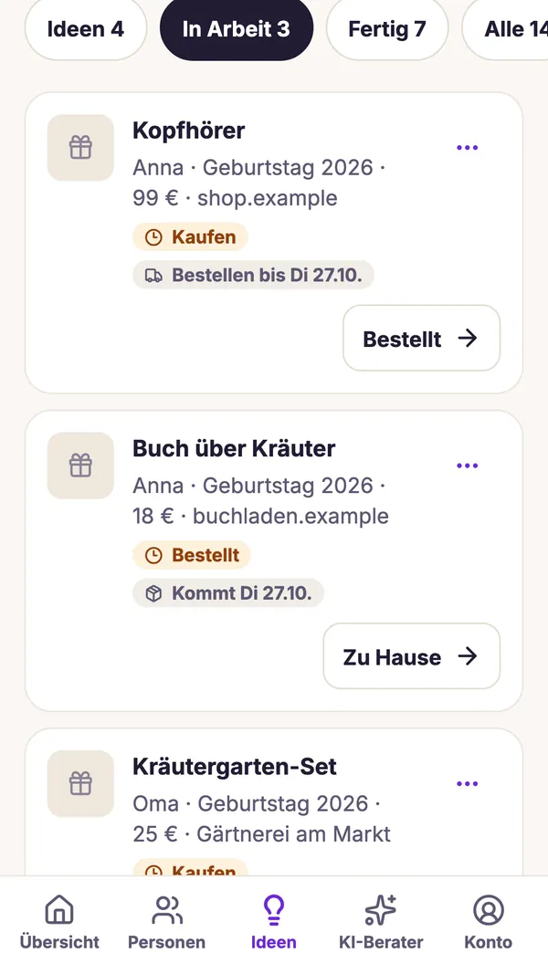 Screenshot der GiftWeGo-App: Ideen und Liefertermine