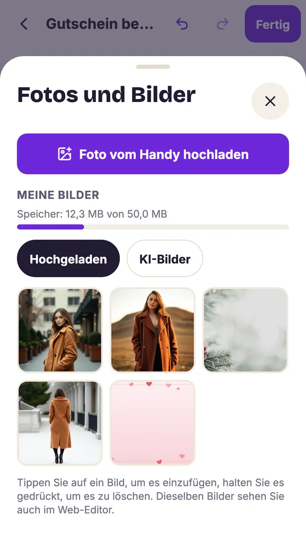 Screenshot der GiftWeGo-App: Meine Bilder, gemeinsam mit dem Web