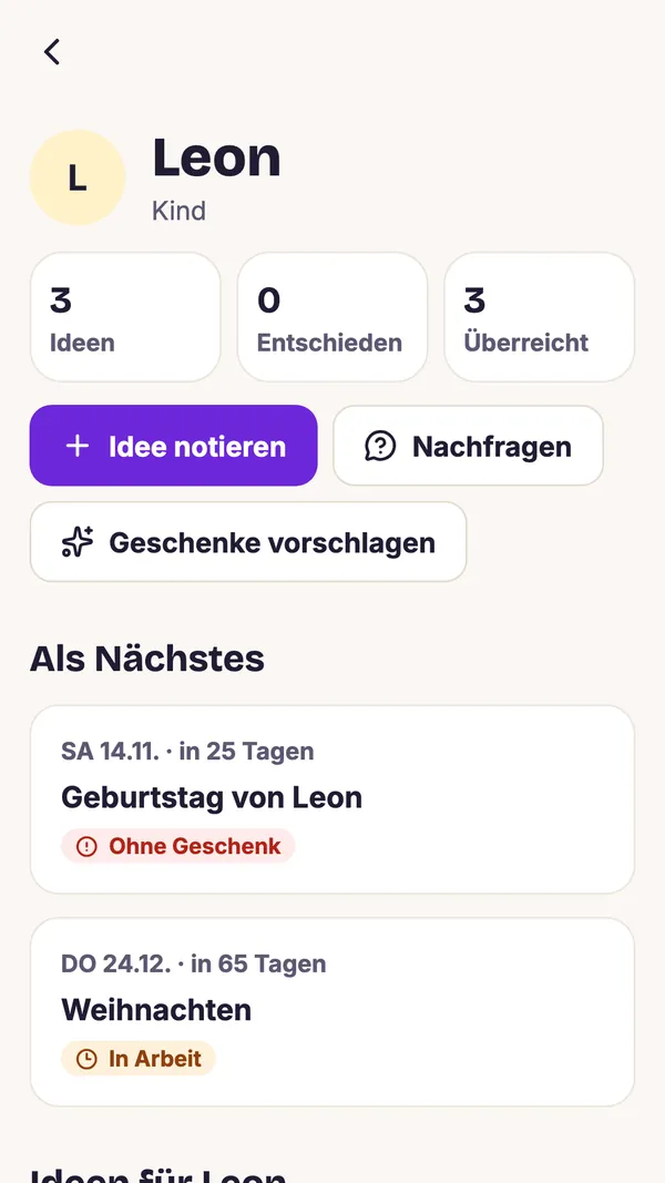Screenshot der GiftWeGo-App: Jede Person mit Ideen und Terminen