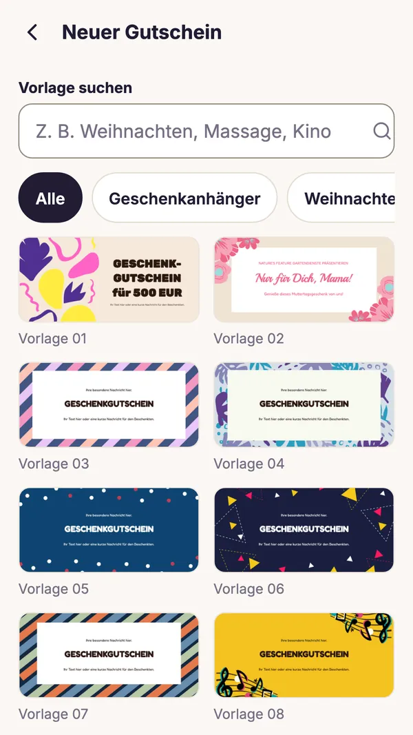 Screenshot der GiftWeGo-App: Über 100 Gutscheinvorlagen