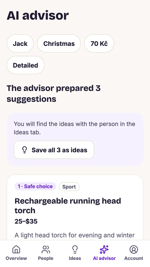 Screenshot of the GiftWeGo app: The AI advisor suggests gifts