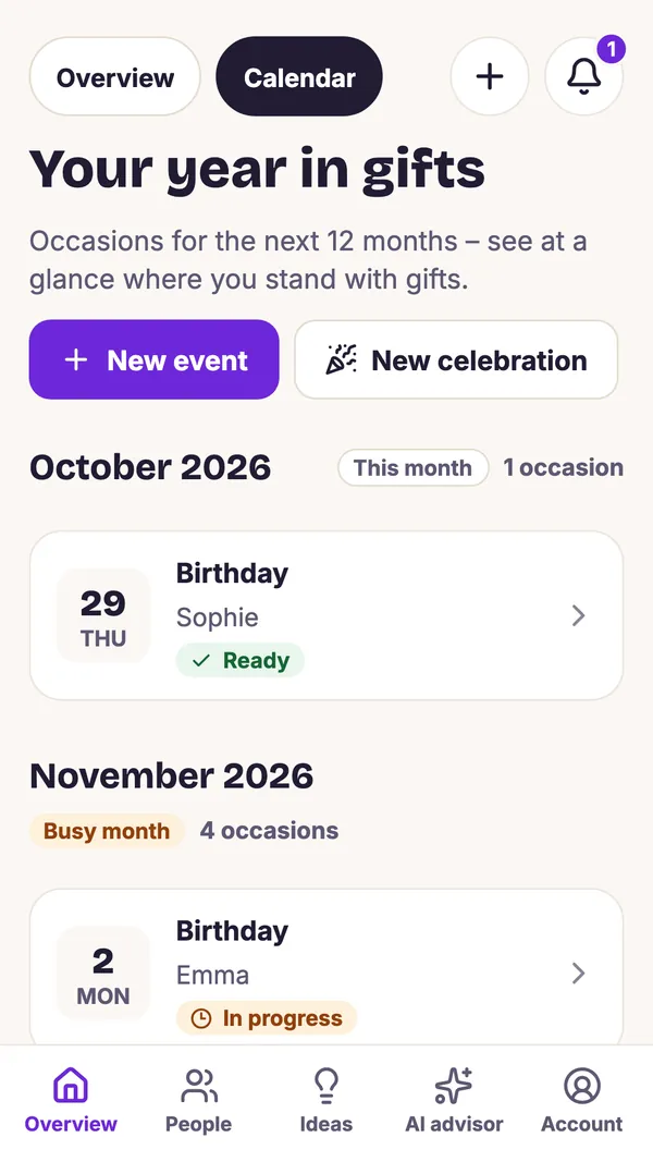 Screenshot of the GiftWeGo app: A whole year of gifts in the calendar