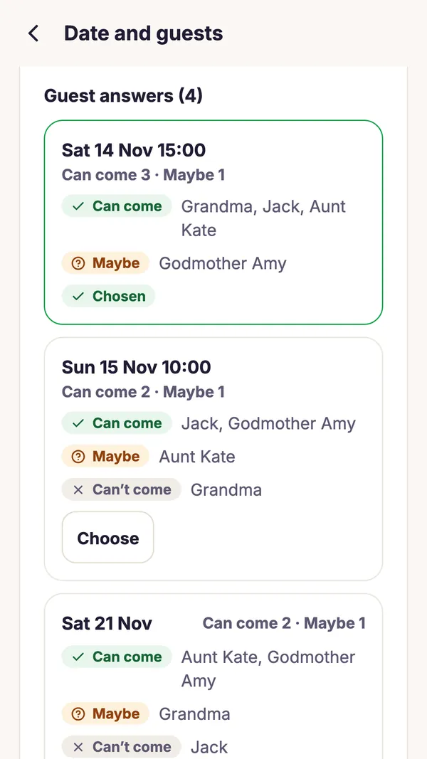Screenshot of the GiftWeGo app: A celebration with a date that suits guests