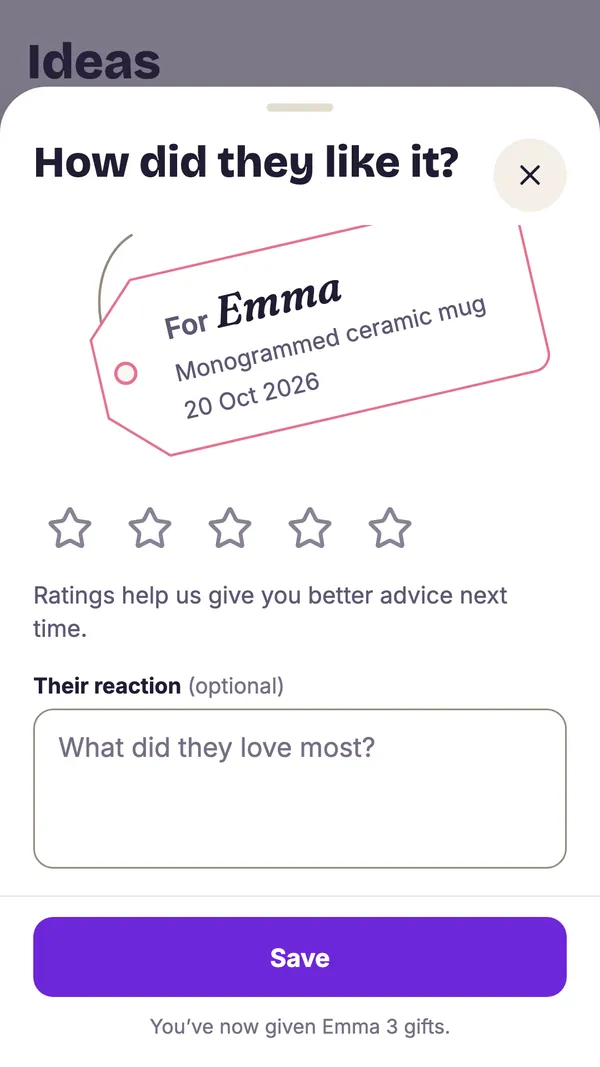 Screenshot of the GiftWeGo app: Given gifts stay in your history