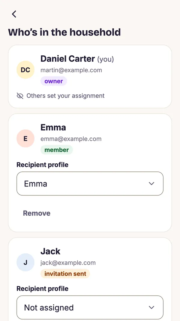 Screenshot of the GiftWeGo app: Household and surprise protection