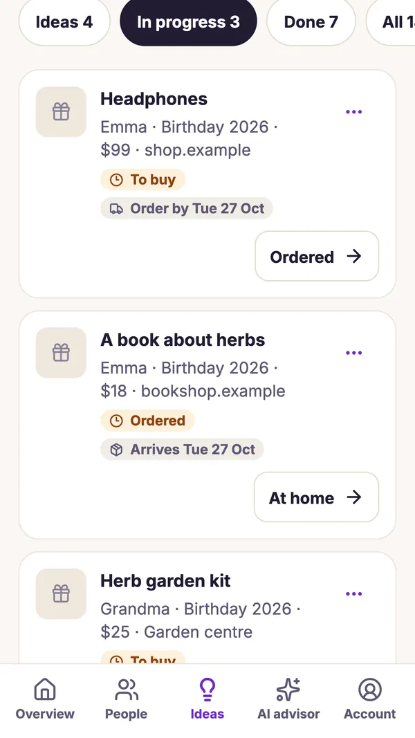 Screenshot of the GiftWeGo app: Ideas and delivery dates