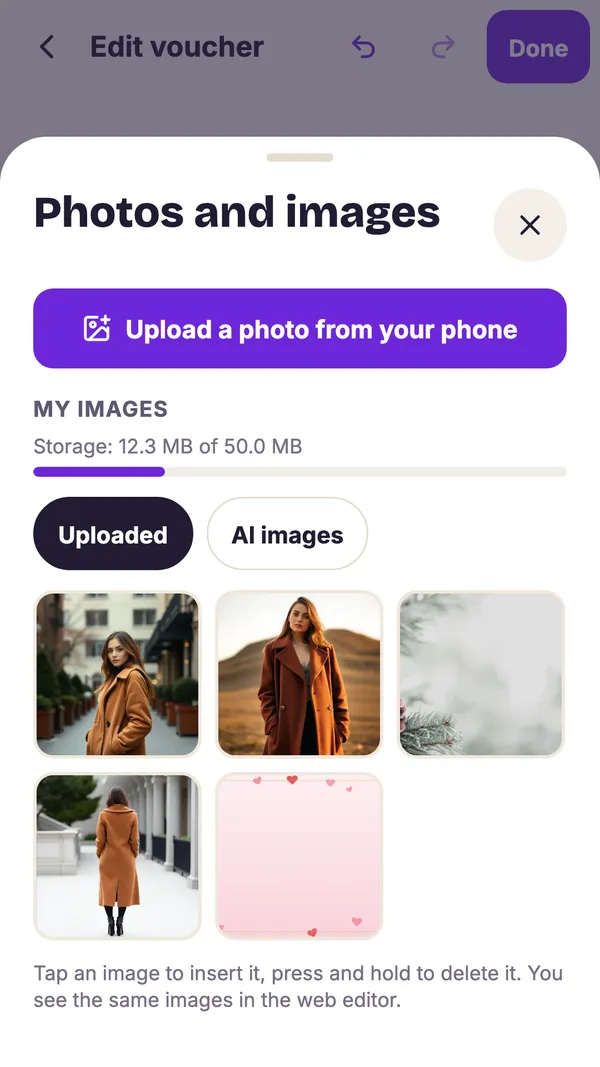 Screenshot of the GiftWeGo app: My images, shared with the web