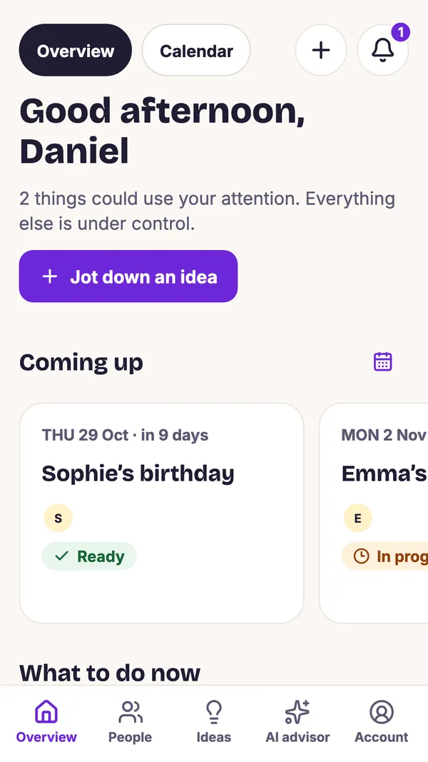 GiftWeGo app overview: upcoming birthdays and name days, gift status and the Jot down an idea button