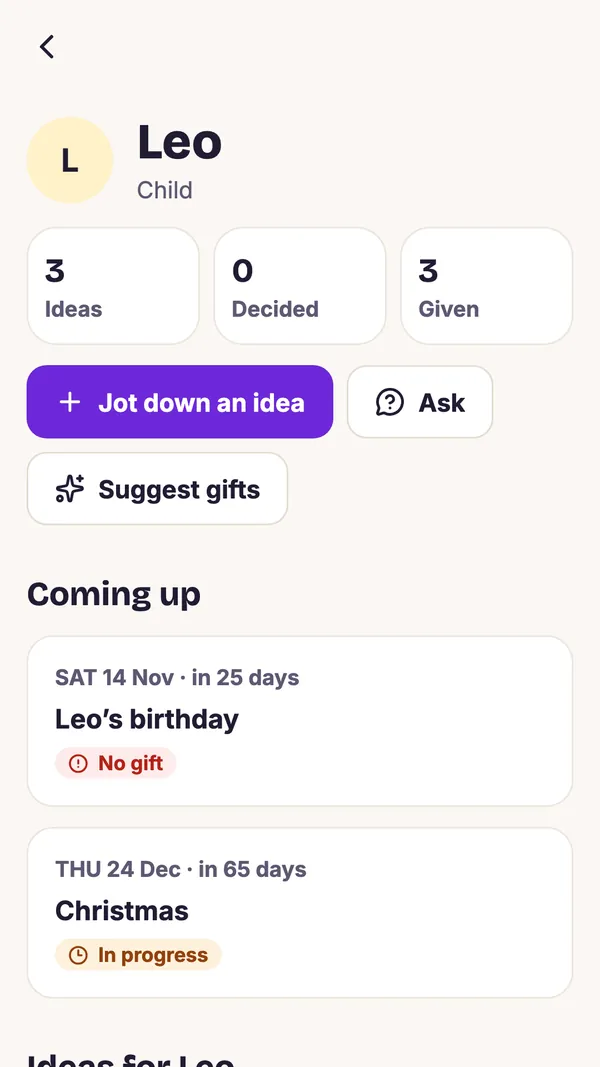 Screenshot of the GiftWeGo app: Every person with their ideas and events
