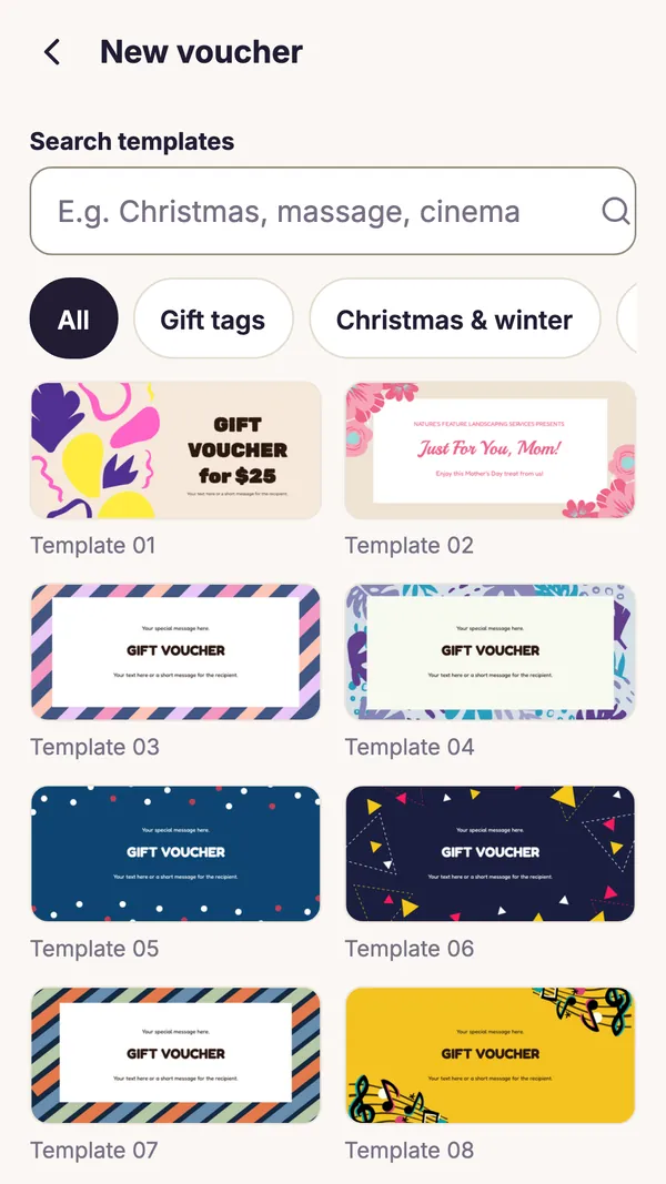Screenshot of the GiftWeGo app: More than 100 voucher templates