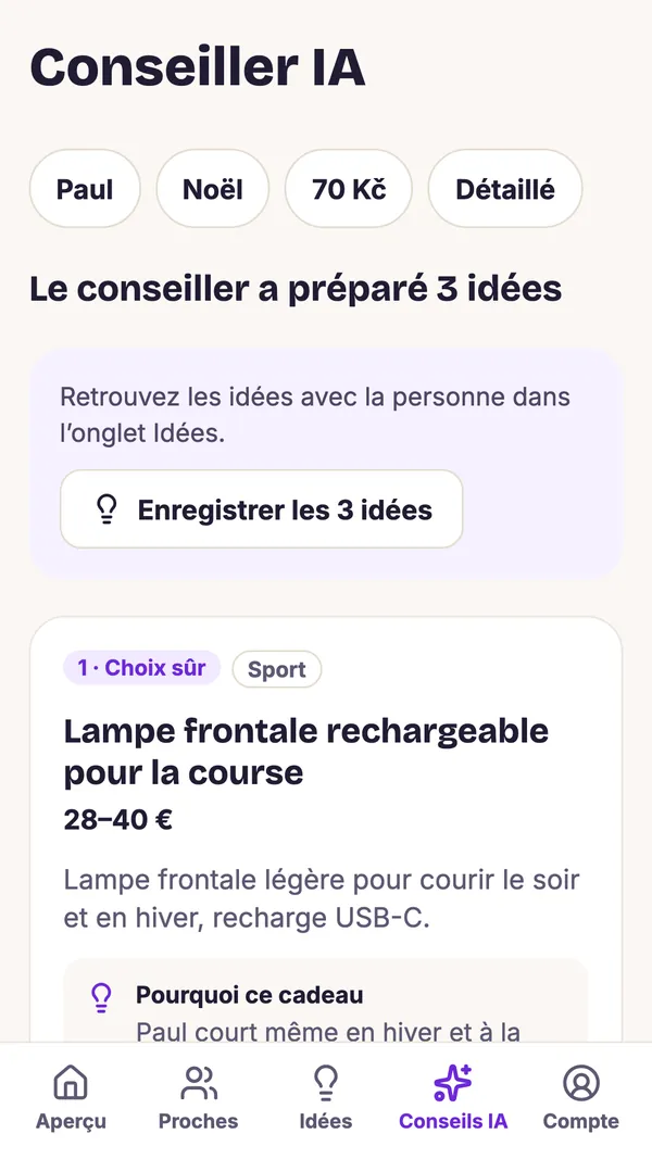 Capture d’écran de l’application GiftWeGo: Le conseiller IA propose des cadeaux