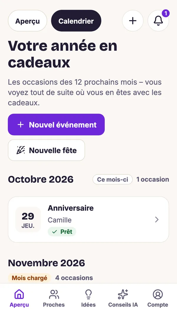 Capture d’écran de l’application GiftWeGo: Toute une année de cadeaux dans le calendrier