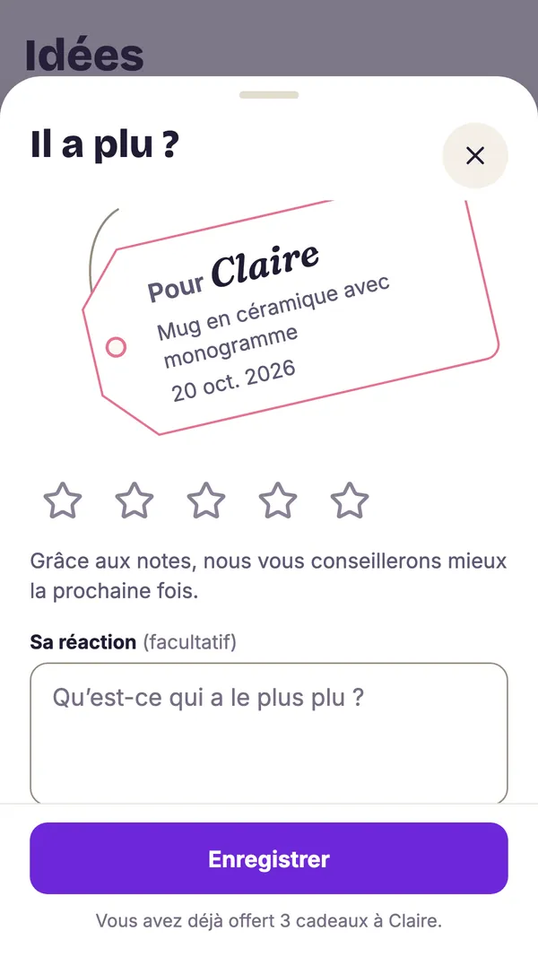 Capture d’écran de l’application GiftWeGo: Les cadeaux offerts restent dans l’historique