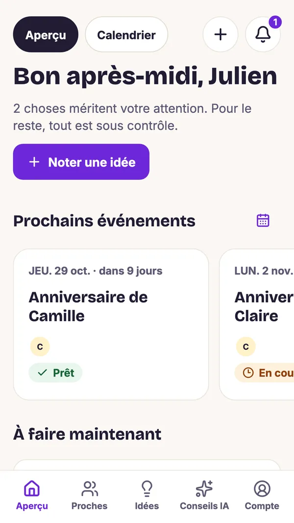 Aperçu de l’application GiftWeGo : prochains anniversaires et fêtes, état des cadeaux et bouton Noter une idée