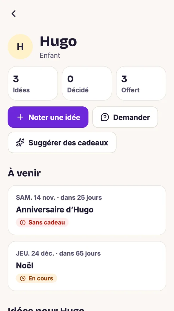 Capture d’écran de l’application GiftWeGo: Chaque proche avec ses idées et ses dates