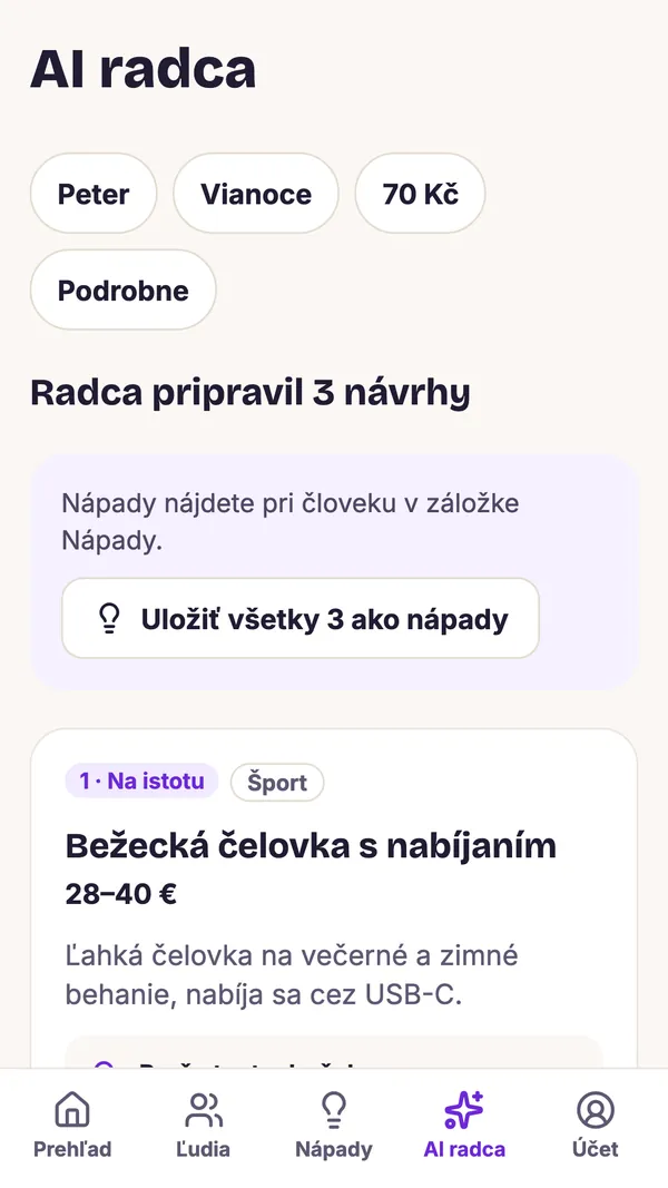 Snímka obrazovky aplikácie GiftWeGo: AI radca navrhne darčeky