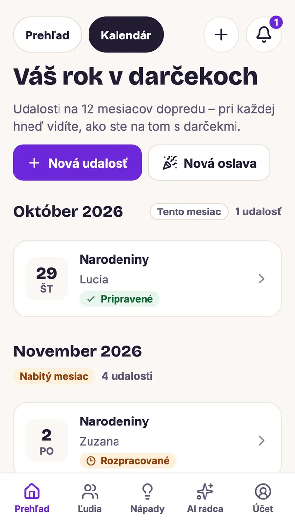 Snímka obrazovky aplikácie GiftWeGo: Celý rok darčekov v kalendári
