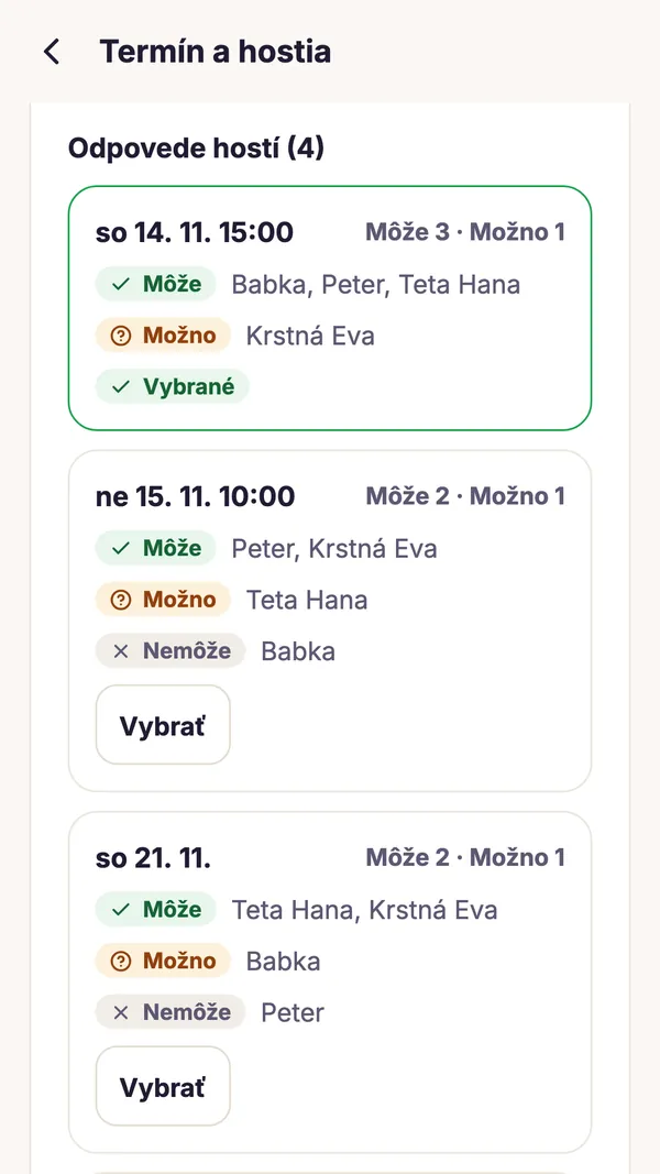Snímka obrazovky aplikácie GiftWeGo: Oslava s termínom podľa hostí