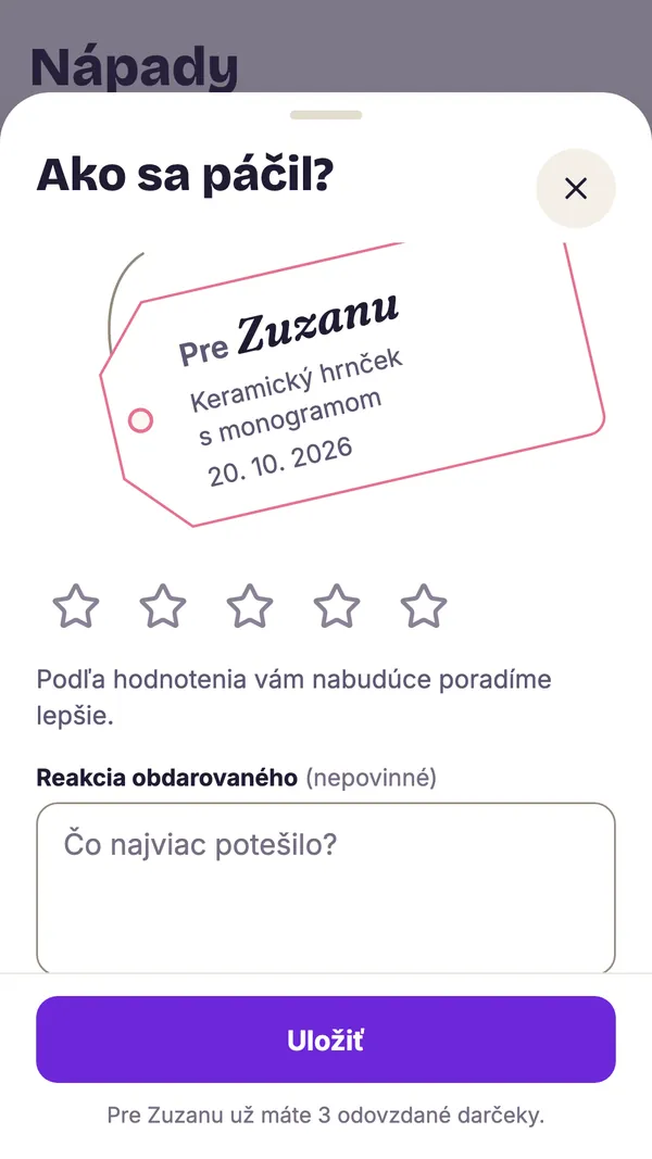 Snímka obrazovky aplikácie GiftWeGo: Odovzdané darčeky zostanú v histórii