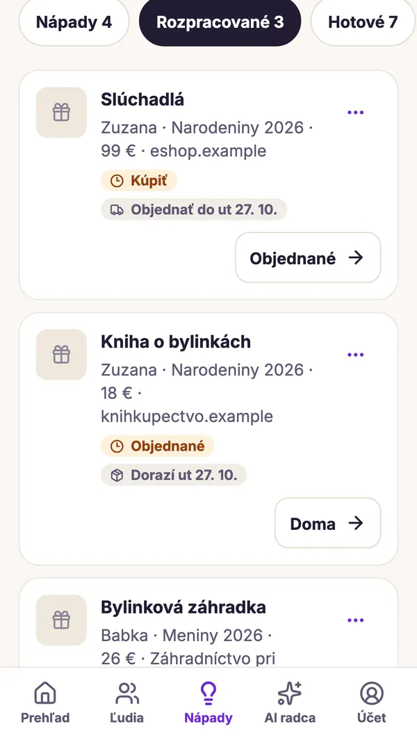Snímka obrazovky aplikácie GiftWeGo: Nápady aj termíny doručenia