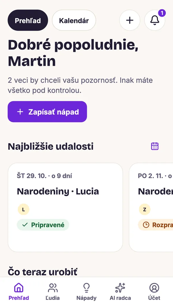 Prehľad v aplikácii GiftWeGo: najbližšie narodeniny a meniny, stav darčekov a tlačidlo Zapísať nápad