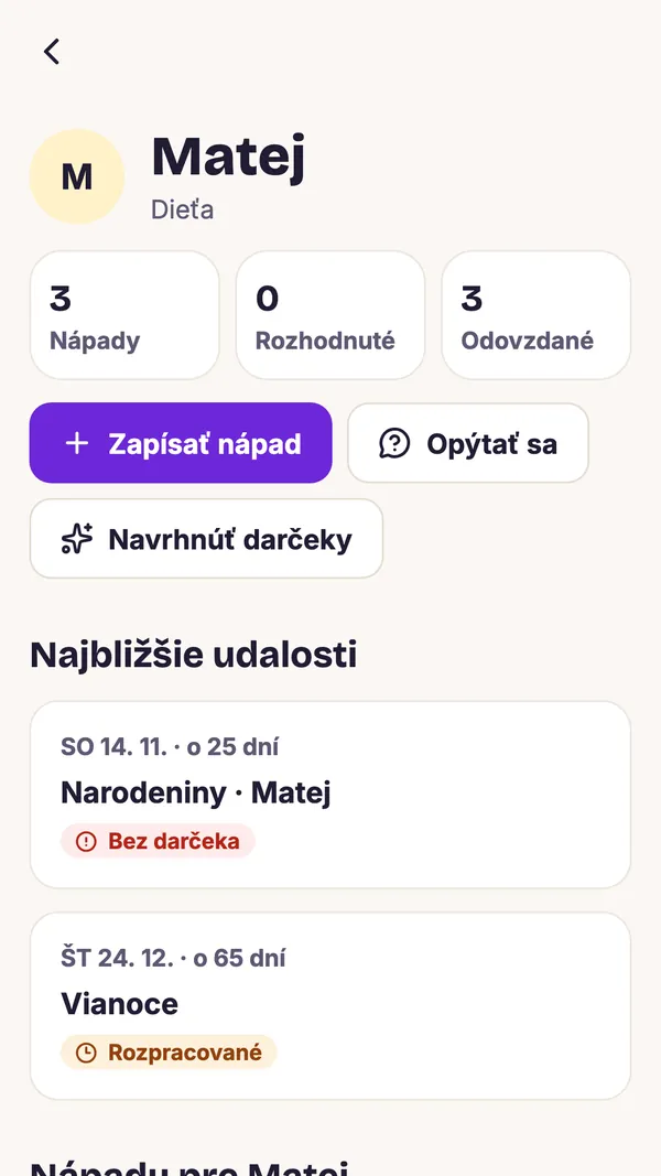 Snímka obrazovky aplikácie GiftWeGo: Každý človek s nápadmi a udalosťami