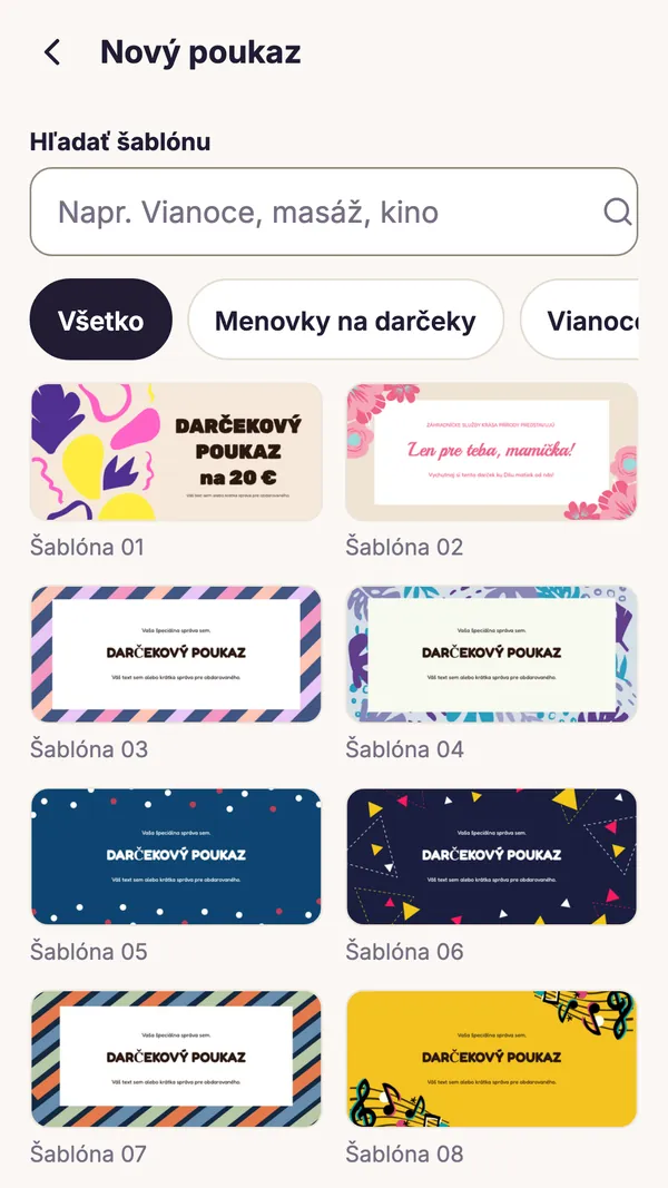 Snímka obrazovky aplikácie GiftWeGo: Viac ako 100 šablón poukazov