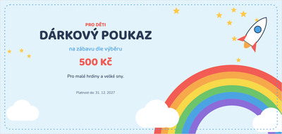 Šablona dárkového poukazu – Pro děti (děti, dětský, duha, raketa)